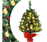 SPOTRAVEL 2FT Mini Christmas Tree, 60CM Tabletop Artificial Christmas Tree with LED Lights, Dense Branches & Base, Indoor Small Decorative Xmas Pine Trees (Green with Red Berries & 15 LED Lights)