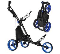SPOTRAVEL 3 Wheel Golf Trolley, Folding Golf Cart with Storage Bag, Umbrella Holder, Foot Brake & Built-in Cooler, Portable Golf Push Trolley(Blue,Without Detachable Seat,122 x 69 x 98-114cm)