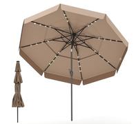 SPOTRAVEL 3M 3-Tier Garden Parasol, Outdoor Patio Umbrella with LED Solar Lights, 8 Heavy Duty Ribs & Crank Handle, Extra Large Table Parasol for Market Poolside Yard (Taupe with Ruffled Edge)