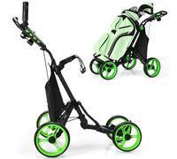 SPOTRAVEL 4 Wheels Golf Push Cart, Foldable Golf Trolley with Storage Bag, Height-Adjustable Handle, Foot Brake, Umbrella & Cup Holder, Portable Golf Bag Holders for Golf Clubs (Green)