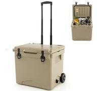 SPOTRAVEL 40L Insulated Wheeled Cooler, Rotomolded Ice Chest Box with Wheels, Telescopic Handle, Bottle Opener, Drain Hole & Cup Holders, Rolling Hard Cooler Box for Camping Fishing Travel (Tan)