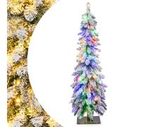 SPOTRAVEL 4FT Pre-Lit Slim Christmas Tree, Snow-flocked Artificial Pencil Xmas Tree with 225 Branch Tips, 100 LED Lights, 11 Lighting Modes & Timer, Snow-flocked Festival Decoration Trees