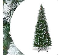 SPOTRAVEL 5FT/6FT/7.5FT Snow Flocked Pencil Christmas Tree, Hinged Snow Slim Xmas Tree with 421/630/720 PVC Tips & 21/29/39 Pine Cones, Holiday Tree Decorations for Home Office Shops Hotels (5FT)