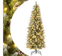 SPOTRAVEL 5FT/6FT Artificial Christmas Tree, Pre-Lit Hinged Pencil Tree with 250/280 LED Lights, 408/618 Snowy Branch Tips & Metal Stand, Festival Snowy Decoration Xmas Tree (180 cm)