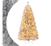 SPOTRAVEL 5FT/6FT Pre-Lit Artificial Christmas Tree, Hinged Decoration Tree with 385/553 Branch Tips, 170/230 Warm White LED Lights & Silver Tinsel Leaves, Festive Pre-lit Xmas Tree (5FT)