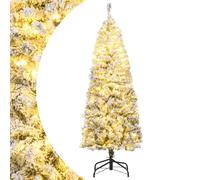 SPOTRAVEL 5FT/6FT Pre-lit Artificial Christmas Tree, Hinged Snow Flocked Xmas Tree with LED Lights & Folding Metal Stand, Holiday Pencil Xmas Tree for Home Office Party (150 cm)