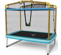 SPOTRAVEL 6 FT Kids Trampoline, 3-in-1 Toddler Trampoline with Safety Enclosure Net, L-shaped Zipper, Swing & Horizontal Bar, Indoor Outdoor Rectangle Trampoline for Boys & Girls (Blue + Yellow)