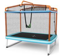 SPOTRAVEL 6 FT Kids Trampoline, 3-in-1 Toddler Trampoline with Safety Enclosure Net, L-shaped Zipper, Swing & Horizontal Bar, Indoor Outdoor Rectangle Trampoline for Boys & Girls (Blue + Orange)