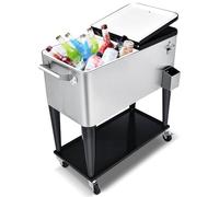 SPOTRAVEL 75L/76L Rolling Cooler Cart, Insulation Ice Chest on Wheels with Shelf, Handles & Bottle Opener, Outdoor Beverage Cooler Serving Trolley for Party Camping (Silver, 91 x 50 x 88cm)