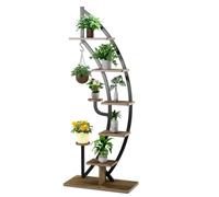 SPOTRAVEL 8-Tier Plant Stand, Tiered Half Moon Shape Ladder Flower Stand with Hook and Anti-Toppling Device, Metal Frame Curved Flower Pot Rack for Living Room Bedroom Balcony (1 PCS, Brown + Black)