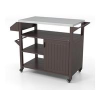 SPOTRAVEL Portable Outdoor Grill Cart, Metal BBQ Trolley Prep Station with Stainless Steel Top, Storage Cabinet, Spice Rack & Shelves, Utility Pizza Oven Table for Picnic Camping Party