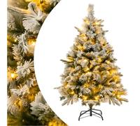 SPOTRAVEL Pre-Lit Artificial Christmas Tree, Snow-Flocked Xmas Tree with Mixed Branch Tips, Warm White LED Lights & Foldable Metal Stand, Festival Decoration Tree for Home Office (136 cm)