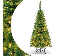 SPOTRAVEL Pre-Lit Christmas Tree, Hinged Pencil Xmas Tree with Warm White LED Lights & Foldable Metal Stand, Holiday Christmas Decoration for Home Office School and Shop (4.5FT)