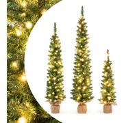 SPOTRAVEL Pre-lit Christmas Tree Set of 3, Pencil Artificial Xmas Trees with PVC Branch Tips, LED Lights & Burlap Base, Slim Festival Decoration Tree for Home Office Shops