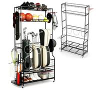 SPOTRAVEL Sports Equipment Organizer, Metal Golf Accessories Organizer with Wheels, Adjustable Foot Pads and 4 Hooks, Rolling Ball Storage Rack for Garage Gym
