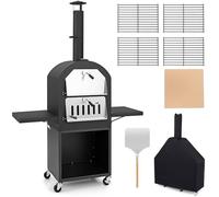 SPOTRAVEL Wood Fired Pizza Oven, Outdoor Pizza Maker with Removable Ash Tray, Storage Shelf & Pizza Stone, Multi-Fuel BBQ Cooker for Garden Patio (with Side Storage Shelves, 116 x 44 x 170cm)