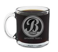 Spotted Dog Company Personalised Etched 384ml Glass Coffee Mug, Custom Birthday Espresso Cups, Customised Tea Cappuccino Hot Chocolate Cup, Bratton Monogram