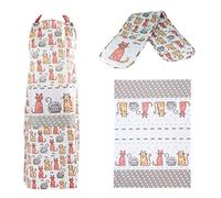 SPOTTED DOG GIFT COMPANY 3 Piece Kitchen Textiles Set - Cat Apron, Double Oven Gloves & Tea Towel, 100% Cotton, Cute Animal Themed Kitchen Accessories for Cooking & Baking, Gifts for Cat Lovers