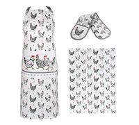 SPOTTED DOG GIFT COMPANY 3 Piece Kitchen Textiles Set - Chicken Apron, Double Oven Gloves & Tea Towel, 100% Cotton, Farm Animal Themed Kitchen Accessories for Cooking & Baking, Chicken Gifts