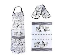 SPOTTED DOG GIFT COMPANY 3 Piece Kitchen Textiles Set - Sheep Apron, Double Oven Gloves & Tea Towel, 100% Cotton, Farm Animal Themed Kitchen Accessories for Cooking & Baking, Sheep Gifts
