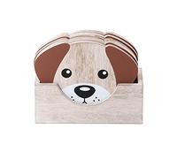 SPOTTED DOG GIFT COMPANY Cute Coaster Set of 6 with Holder, Wooden Dog Coasters Cup Mats for Drinks Glass Coffee Tea Mug, Decorative Kitchen Accessories, Gifts for Dog Lovers - Brown