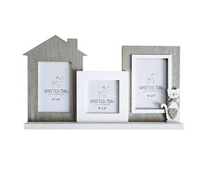SPOTTED DOG GIFT COMPANY Multi Photo Frame 6x4 and 4x4, Wall Hanging or Tabletop Display, Wooden Cat Picture Frames for 3 Photos, Cute Home Decor Gifts for Cat Lovers Pet Owners - White Grey
