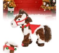 Spotted Electric Plush Horse, Interactive Brown-and-White Spotted Pony with Joyful Neighing Sounds, Soft Red Saddle & Green Bell - Adorable Stuffed Animal for Kids, Christmas Birthday Gift (1Pc)