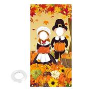 Spourita Thanksgiving Pilgrim Boy and Girl Backdrop Decoration, Photo Door Banner Cover, Decorations with Pumpkins Sunflower Harvest Maple Leaf Turkey Fruit Welcome Autumn Hang Outdoor