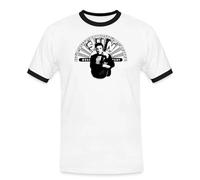Spreadshirt Elvis Presley Elvis with Guitar & Sun Records Logo Men's Ringer Shirt, L, White/Black