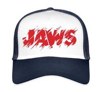 Spreadshirt Jaws Distressed Red Logo Trucker Cap, One Size, White/Navy