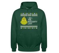 Spreadshirt The Grinch Ugly Christmas I Am The Naughty List Unisex Hoodie, M, bottle green