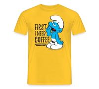 Spreadshirt The Smurfs Funny Gift First I Need Coffee Men’s T-Shirt, L, Yellow