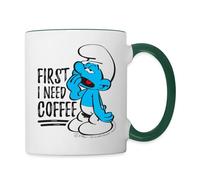 Spreadshirt The Smurfs Funny Gift First I Need Coffee Two-Tone Mug, One Size, White/Dark Green