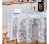 SPRICA Round Jacquard Tablecloth 200cm Classic Flower Pattern Thick Heavy Weight Soft Table Cover, Machine Washable, Light Grey