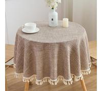 SPRICA Round Tassel Tablecloth 120cm/48inch Cotton Linen Look Solid Colour Durable Table Cover for Kitchen Indoor Outdoor Garden Table, Machine Washable, Medium Brown