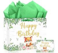 Spriggenix Fox Birthday Decorations,Happy Birthday Gift Bags with Wrapping Tissue Paper and Greeting Card for Boys Girls Kids Forest Animal Theme Baby Showers Party Supplies Favors Decor