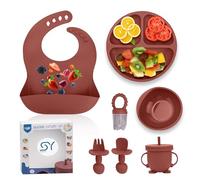 SPRIGLY 11-Piece Silicone Baby Weaning & Feeding Set - BPA-Free Suction Plate, Bowl, Bib, Sippy Cup, Fork, Spoon, Fruit Feeder & Snack Cup - Self-Feeding Set for Toddlers - Russet Brown