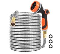 SPRIKIR Metal Garden Hose 50 ft with 10 Function Sprayer Nozzle, Lightweight Stainless Steel Water Hose with 3/4" Solid Fittings, Flexible Kink Free Leak Proof for Yard, Patio, Outdoor & Car washing