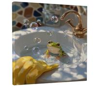 Spring Amphibian Canvas Wall Art, Green Yellow Bubble Art Prints, Abstract Bathroom Decor for Living Room, Bedroom, Kids Room, Wrapped Canvas 12x12 Inch