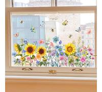 Spring and Summer Garden Flower Double-Sided Window Stickers Wild Flowers Sunflowers Bees Butterflies Stained Glass Decals Anti-Collision Stickers Spring Window Decoration Flower Window Stickers