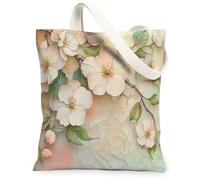 Spring Apples Blossoms Flower Canvas Tote Bag for Shopping 13 * 15 Inch, Modern Marble Floral Reusable Grocery Bag for Women, Luxury Aesthetic Pattern Gift Decor