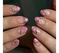 Spring Artificial Nails 24Pcs Glitters Short Oval Press On With Floral Designs Decoration Office Wear Elegant Nail Designs