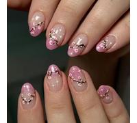 Spring Artificial Nails 24Pcs Glitters Short Oval Press On With Floral Designs Decoration Office Wear Glitters Acrylic Nail