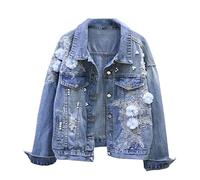 Spring Autumn Denim Jacket Women Embroidery Flowers Hole Cowboy Outerwear Casual Jean Coat Blue L