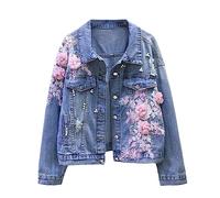 Spring Autumn Denim Jacket Women Embroidery Flowers Hole Cowboy Outerwear Casual Jean Coat Pink XXL