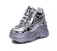 Spring Autumn Height Increasing Platform Metal Chain Rivet Genuine Leather Women Rainbow Color Sneakers Shoes Ladies Wedges Pumps 2401, Silver, 3 UK