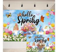 Spring Backdrop 70x43 Inch Hello Spring Banner Flower Backdrops for Photoshoot Roll Up Blue Truck Gnome Flower Wall with Vibrant Floral Butterfly Outdoor Indoor Decoration for Party Garden Home (pink)