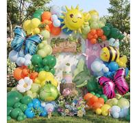 Spring Balloon Arch Kit 156PCS Green Balloon Garland with Daisy Flower, Bee and Butterfly Mylar Balloon for Spring Garden Yard Animal Party Decoration