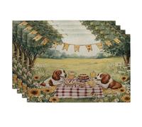 Spring Basset Hound Dog Placemats Set of 4, 12''x18'', Cute Fun Picnic Field 4Pcs Washable Table Mats for Home Dinning, Pet Holiday Party Kitchen Decoration