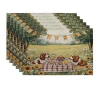 Spring Basset Hound Dog Placemats Set of 6, 12''x18'', Cute Fun Picnic Field 6Pcs Washable Table Mats for Home Dinning, Pet Holiday Party Kitchen Decoration